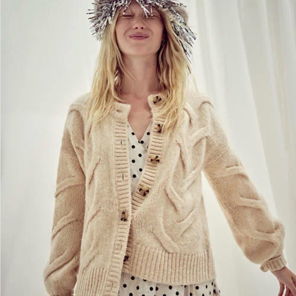MADEWELL Cable Ashmont Cardigan Sweater Medium Oatmeal Wool Blend Oversized